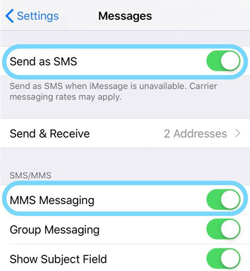only send sms and mms messages setting