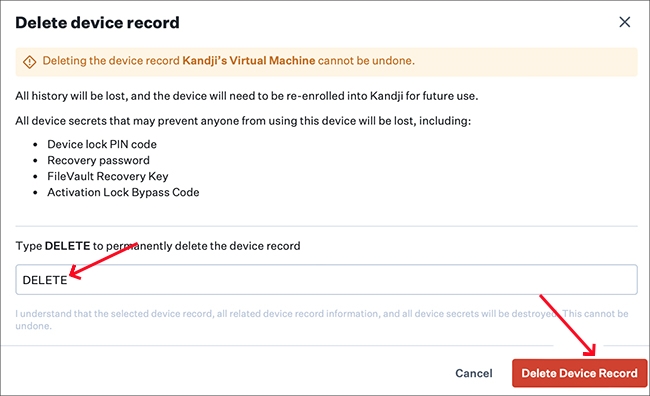 confirm to delete device record in kandji