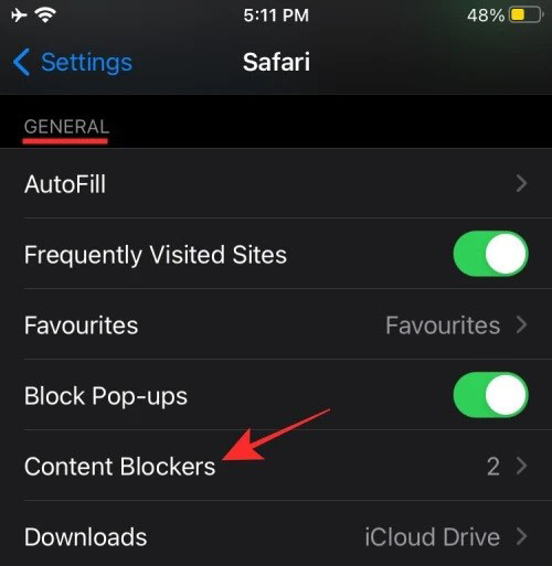 disable content blocker safari